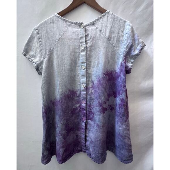 FLAX Tie Dye 100% Linen Women's Beachy Look Top Sz P Back Buttons Short Sleeve - Picture 2 of 9